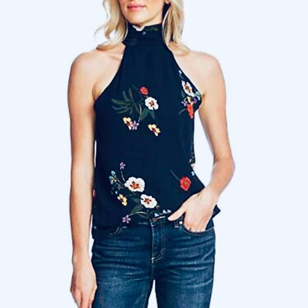 Vince Camuto Floral Mock Neck Halter Top- Navy(M)